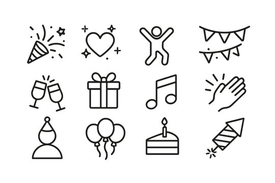 Celebrate special moments with vector icons showcasing party elements, including gifts, confetti, and balloons