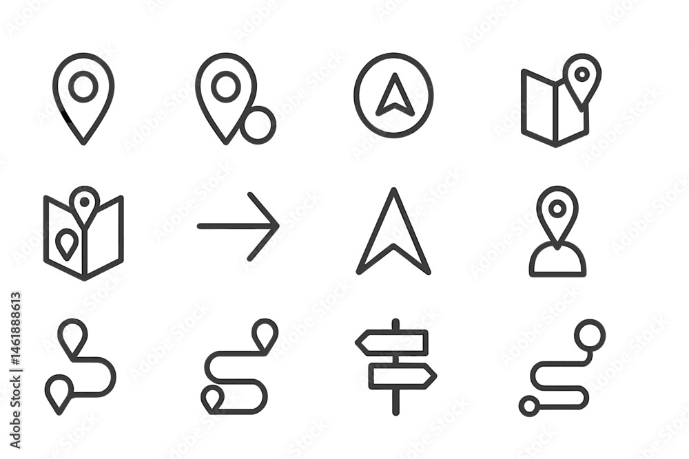 Poster vector illustration of location and navigation icons showcasing various map features and directions 