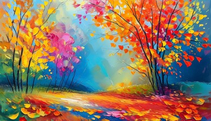 Vibrant Autumn Tree Painting Colorful Fall Landscape Artwork