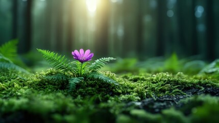 A vibrant purple flower sits atop lush green moss, illuminated by soft forest light, symbolizing resilience and beauty in nature's untouched ecosystem.