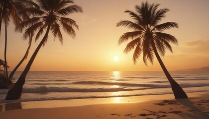 Golden hour beach scene, aged film effect, palm silhouettes,  glow, sunset,  sea