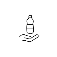 plastic bottle with hand icon, thin line symbol isolated on white background, editable stroke eps 10 vector illustration