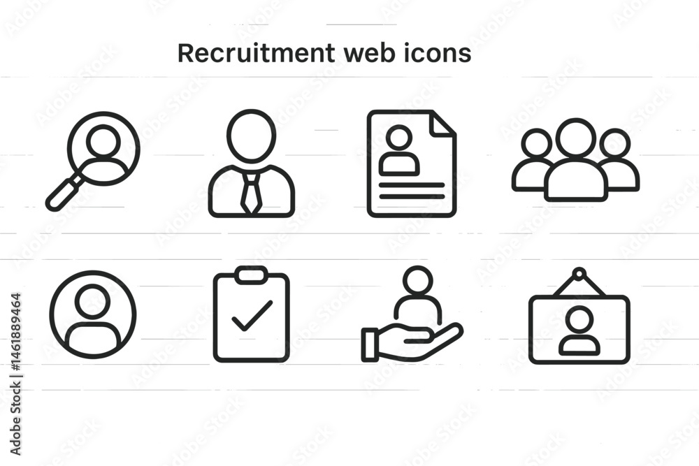Poster recruitment web icons representing various aspects of hiring and candidate engagement in a professio