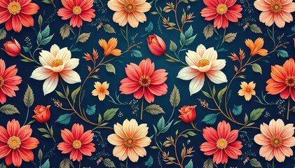 Intricate, flowing floral design, continuous pattern , beauty, stylish, leaves
