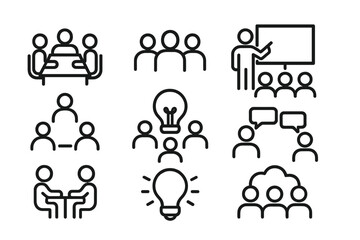 Vector illustration of diverse group activities including meetings, presentations, and discussions in various formats