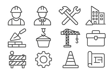Construction icons depicting workers, tools, and building elements in a vector illustration