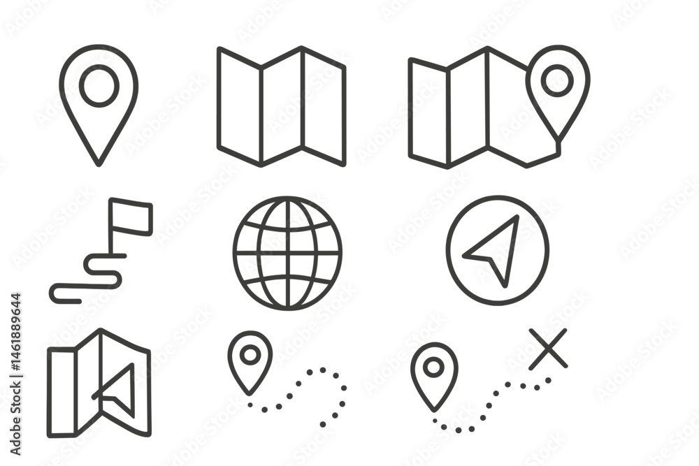 Poster vector illustration of navigation icons representing maps, location markers, pathways, and global co