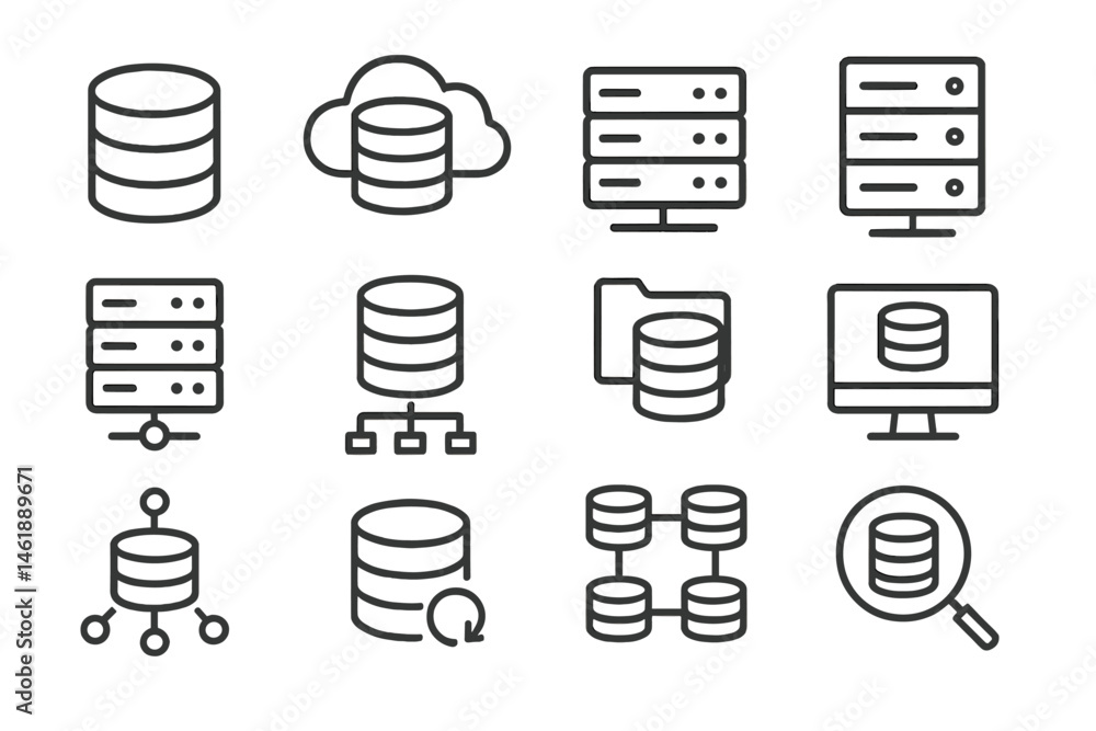 Poster vector illustration icons representing various database storage systems and concepts in technology a