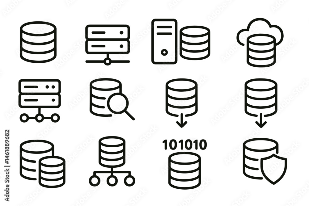 Poster vector illustration icons depicting various database concepts for technology and data management