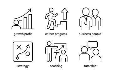 Business growth and career development vector icons depicting strategy, coaching, and professional relationships