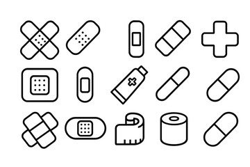 Collection of vector illustration icons depicting medical supplies and first aid items for health-related design projects