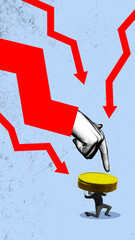 Financial burden shown with figure struggling under coin stacks, red downward graph, hand press...