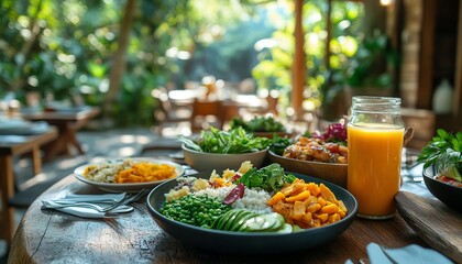 Detox and wellness retreat ad with colorful organic meals, aesthetically plated, sunlight and tropical decor, mindful eating and relaxation theme, highquality lifestyle imagery