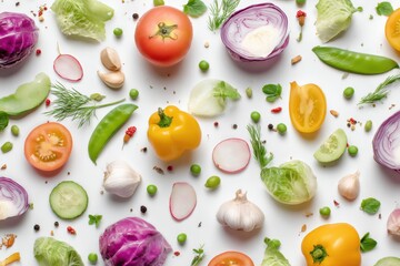 Naklejka premium Vibrant flatlay of fresh vegetables. Colorful and healthy.