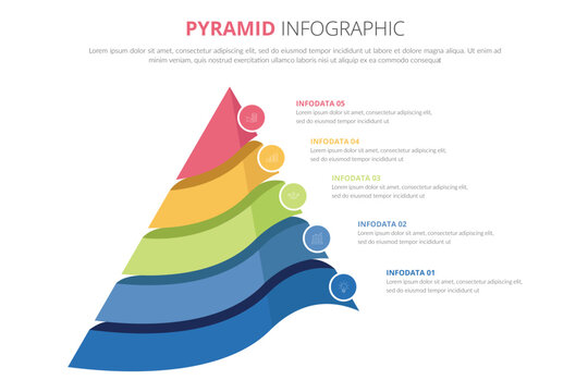 Pyramid divided into 5 parts or layers and place for text. Concept of five levels or stages of business development. Modern infographic design template. Vector illustration for presentation, report.