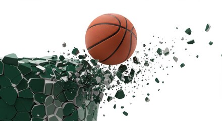 Basketball hovering above broken surface, impact effect but isolated on white
