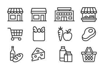Vector illustration of various grocery items and store icons representing shopping and food essentials in a minimalist style