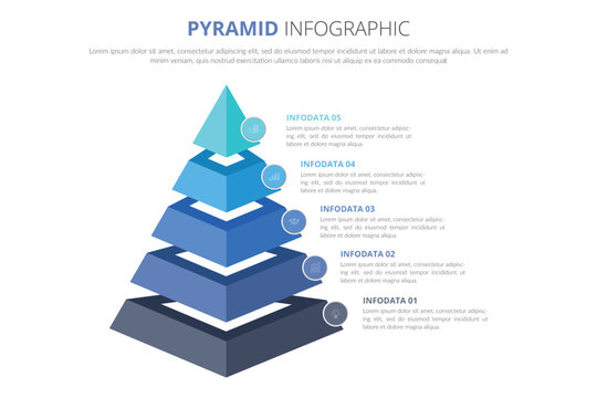 A pyramid-shaped modern timeline infographic template divided into five parts. Vector business template for presentations. Suitable for brochures, workflows, annual reports, charts, layouts