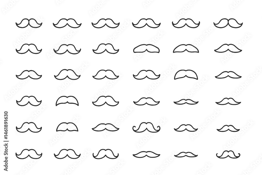 Poster collection of vector illustration icons showcasing various mustache designs in a seamless pattern la