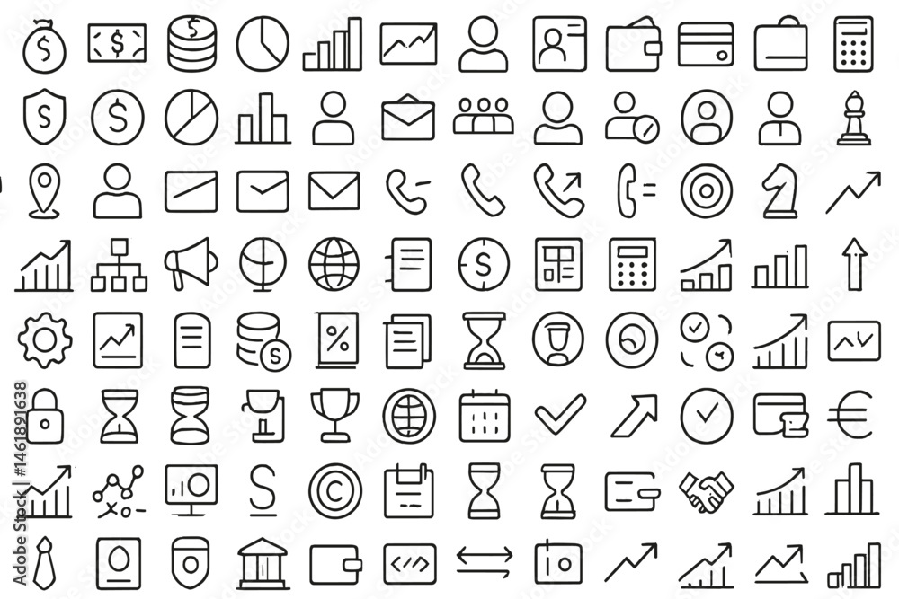 Poster collection of vector icons representing business, finance, and communication concepts in a minimalis