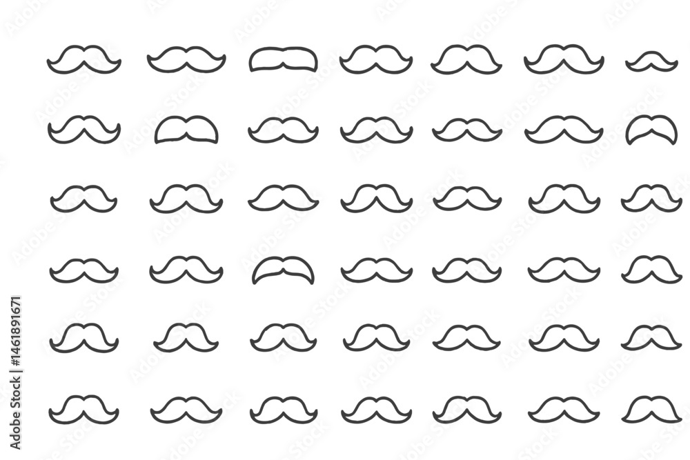 Poster collection of simple vector illustrations of mustaches in various styles arranged in a grid pattern 
