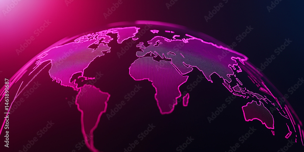 Poster digital globe visualization in bright pink colors against a dark background representing a global co