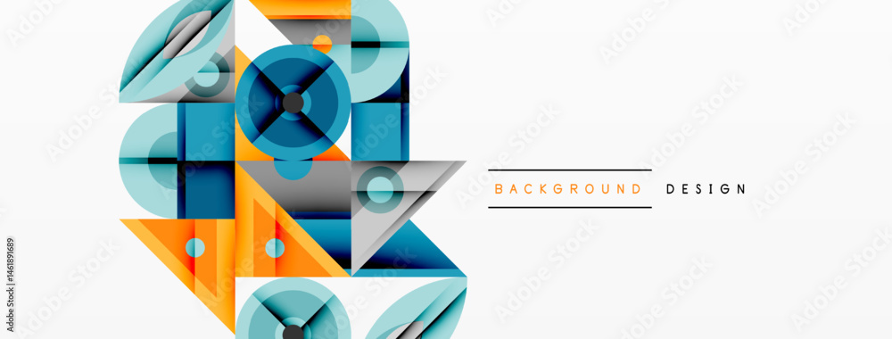 Poster abstract geometric shapes overlap, creating dynamic composition. blue, orange, gray hues dominate de