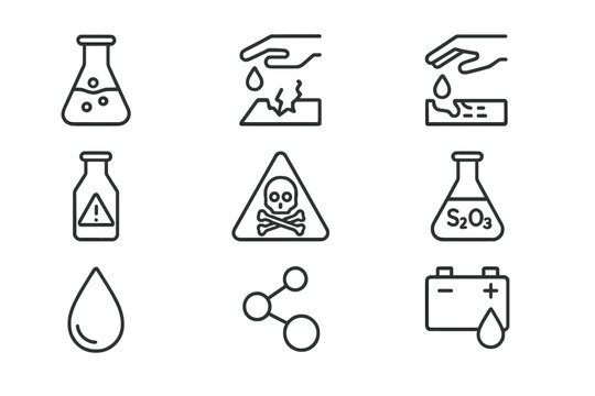 Vector illustration icons depicting laboratory equipment, chemicals, and hazardous materials in a minimalist style