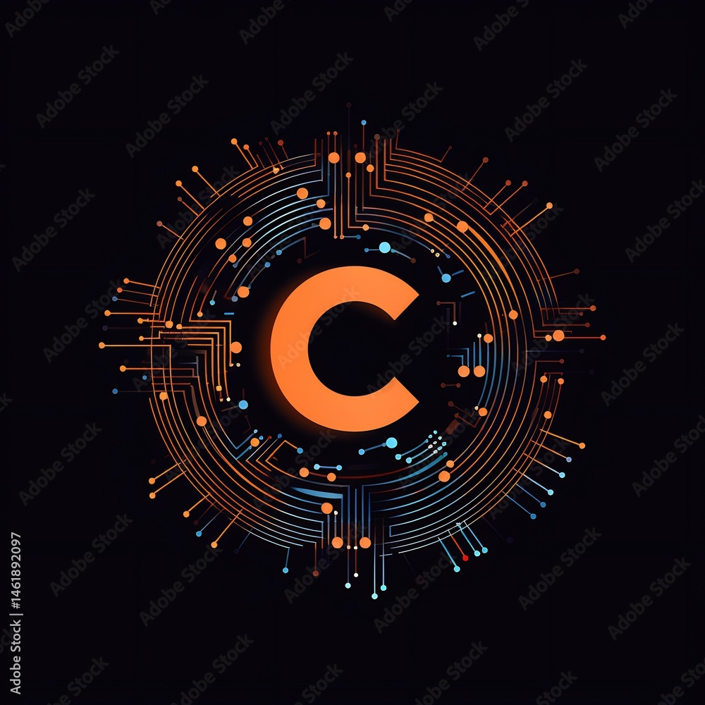 Poster digital circuit design with letter c, interconnected networking and hi-tech concept
