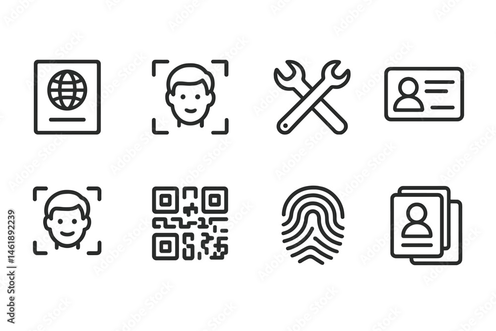 Poster vector illustration icons representing various personal identification methods and tools relevant to