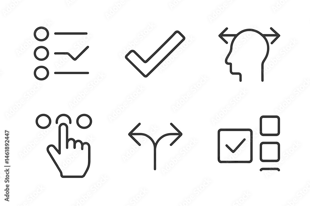 Poster vector illustration icons depicting various check marks and decision-making processes in a minimalis