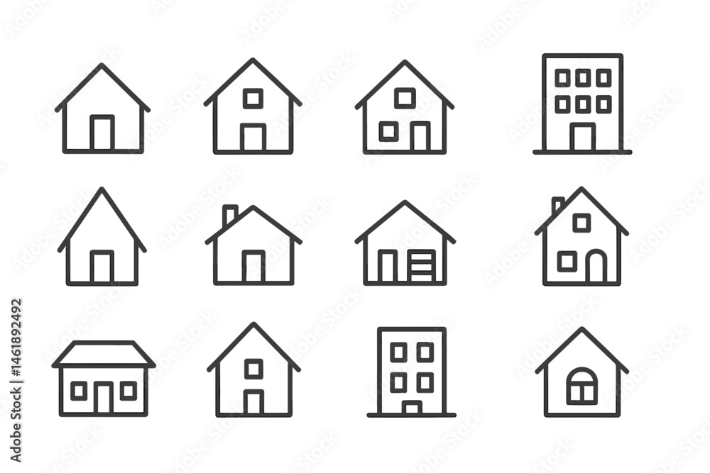 Poster collection of simple vector icons showcasing different house styles and building designs in a minima