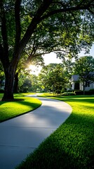 Fototapeta premium Winding path through a sunny neighborhood, lush green lawns and trees