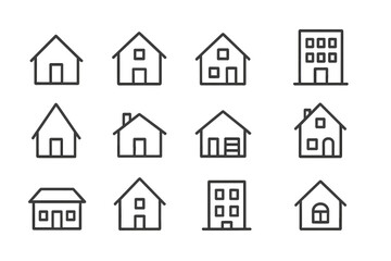 Collection of simple vector icons showcasing different house styles and building designs in a minimalist layout