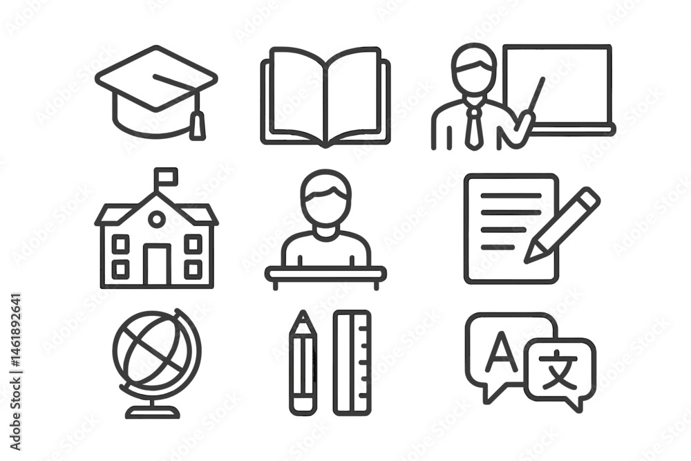 Poster vector illustration icon set representing various elements of education and learning activities in a