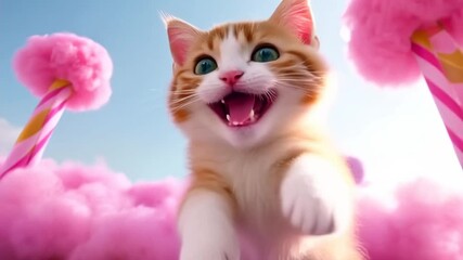 Funny Tabby Cat Close Up with Pink Cotton Candy Clouds and Sky, Pet Portrait in Dreamlike Candy Land - Powered by Adobe