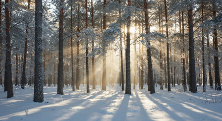 Winter forest sunlight shining through tall trees with snow covered ground