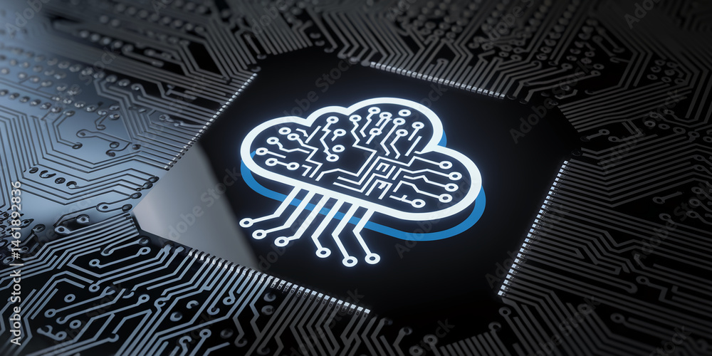 Poster glowing cloud icon with circuit board design, set on a dark circuit board background, representing c