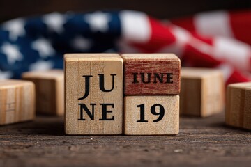 Juneteenth remembrance. Wooden blocks spelling out June 19th against a blurred American flag.