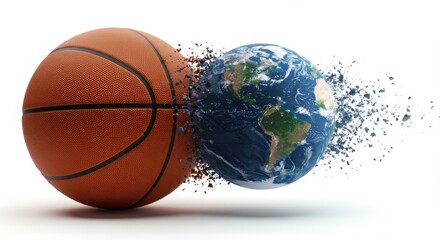 Basketball morphing into a planet, outer space theme but clean white background