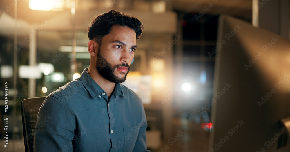 Aufkleber Computer, man and programmer in office at night with deadline for web development with software update. Technology, IT and male coder for cybersecurity, coding or online algorithm in workplace.