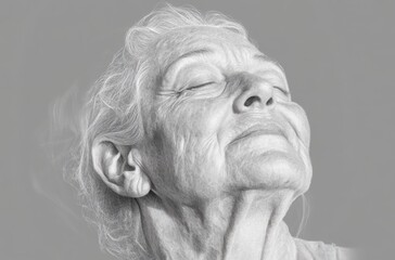 Candid grayscale photograph of an older woman, naturally posed, no frame, border