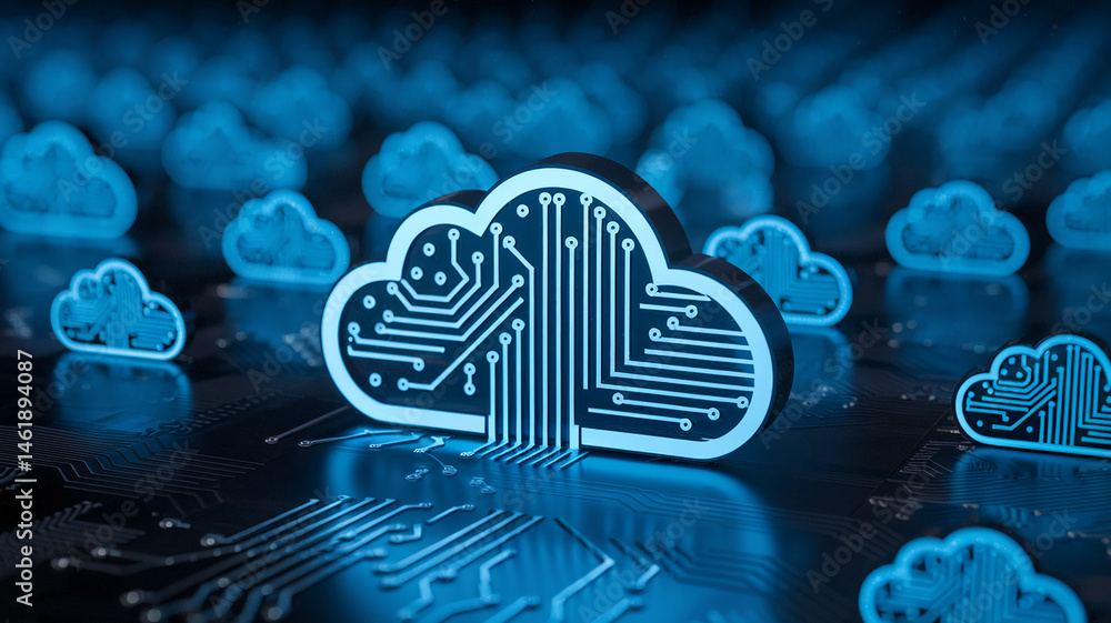 Poster blue cloud icons with circuit board design on dark surface, symbolizing cloud computing, data storag