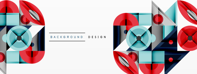 Geometric patterns, red, blue hues dominate design. Minimalist style, symmetrical composition creates modern aesthetic. Clean lines, shapes present.
