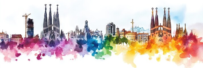 watercolor barcelona spain downtown skyline 