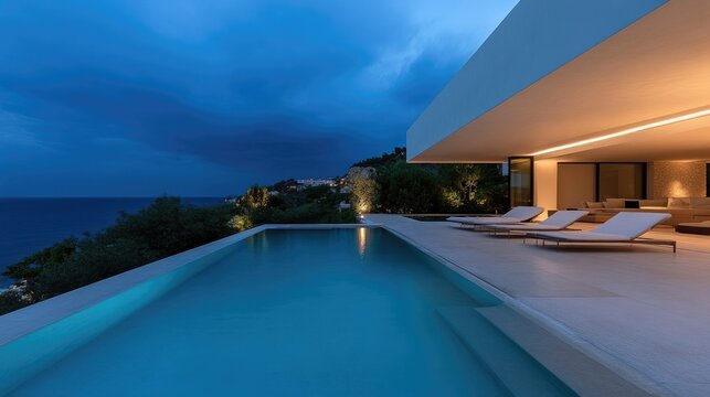 Modern beachfront villa with infinity pool at twilight. Coastal luxury home with stunning ocean views. Outdoor living space, stylish design, and sophisticated ambiance