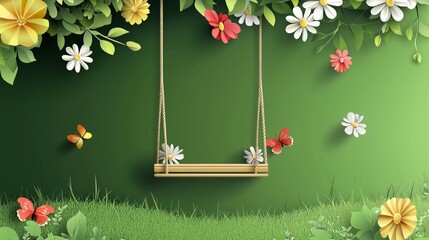Swing made of flowers in paper vector style on a green background. 8