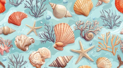 Obraz premium Seashells, Starfish, and Coral on Light Blue Background: Summer Ocean Seamless Pattern