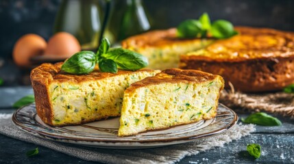 Freshly Baked Zucchini Frittata on Rustic Plate with Herbs and Ingredients in Background for Delicious Culinary Art