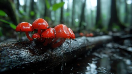 A captivating image of bright red mushrooms sprouting on a log, glistening with raindrops, creating a serene and magical feel within a lush forest environment.